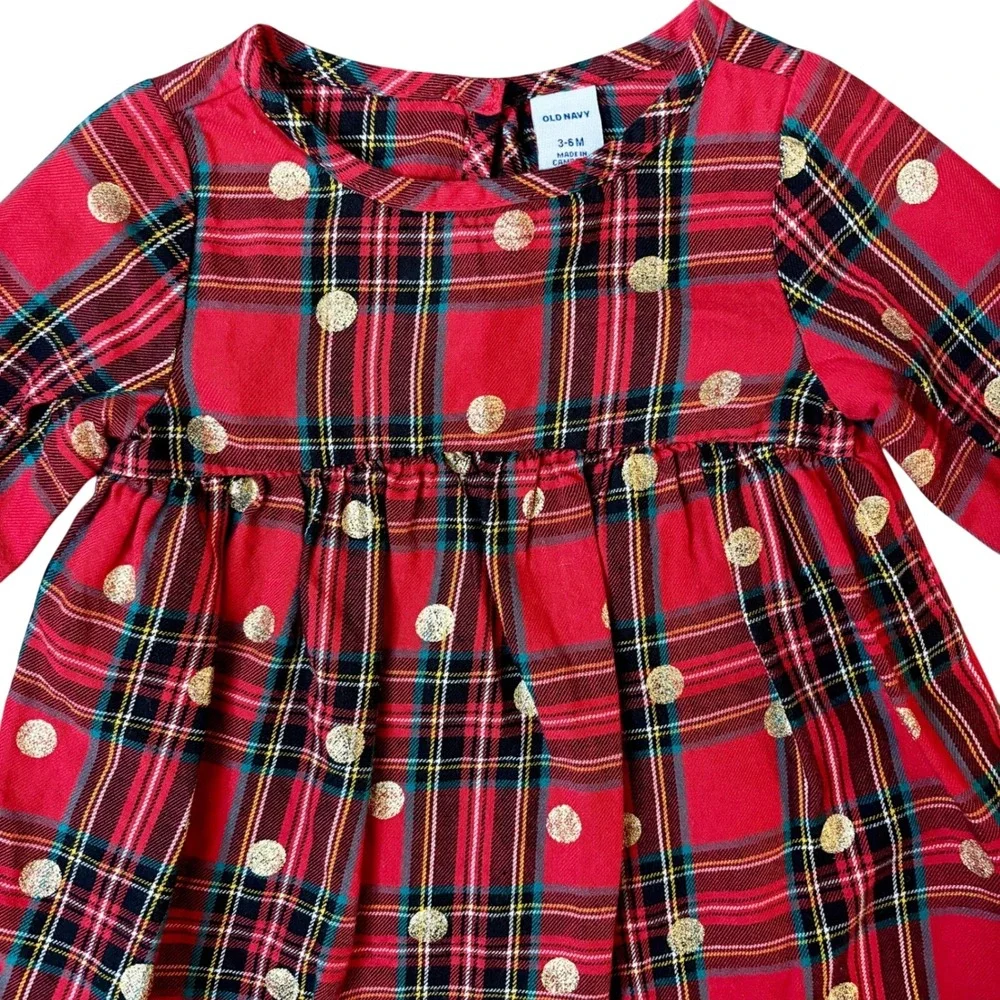 Old Navy Baby Girls Red Plaid Dress Gold Polka Dots Pleats Christmas Holiday 3-6